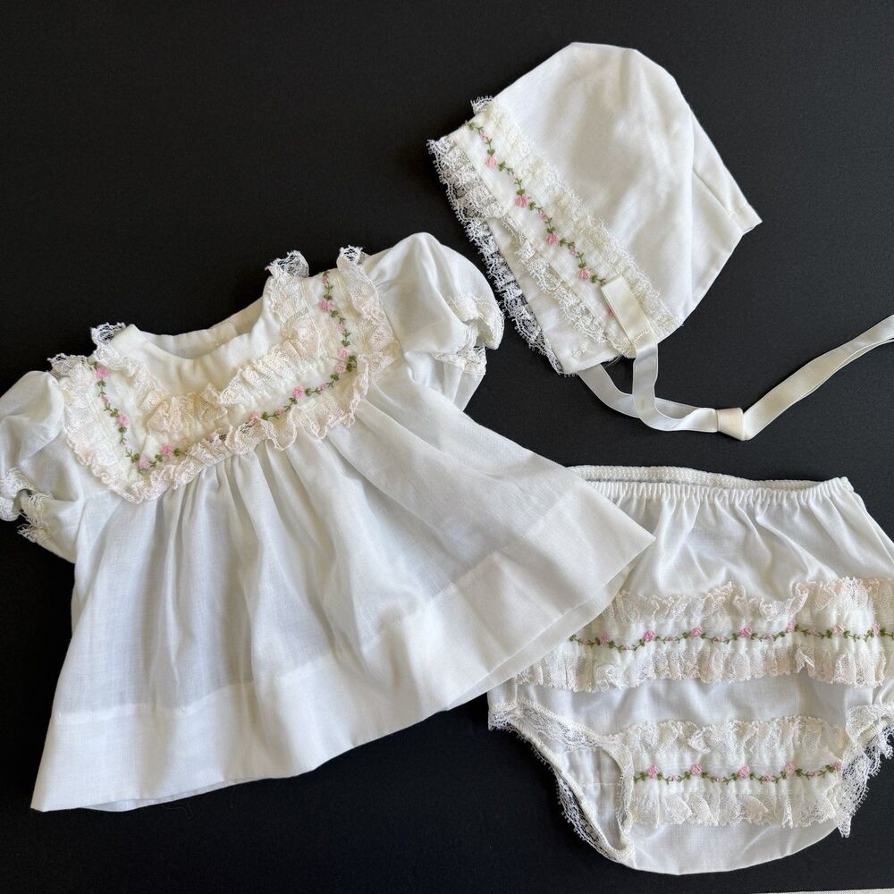 Vintage Alexis Baby Dress White Lace Handi-Panti Diaper Cover Hat 10-13lb 3M